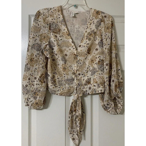 Joie Cream Sheer Lined Floral Tie Front Peasant Blouse Top Size M (B12) - Picture 3 of 9